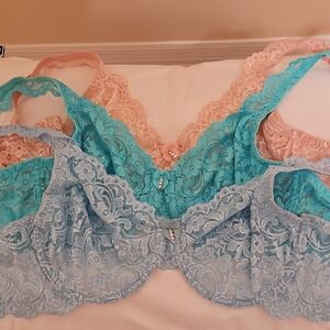 38C Smart & Sexy Lace Underwire Bra Set - Blue, Pink, and Teal